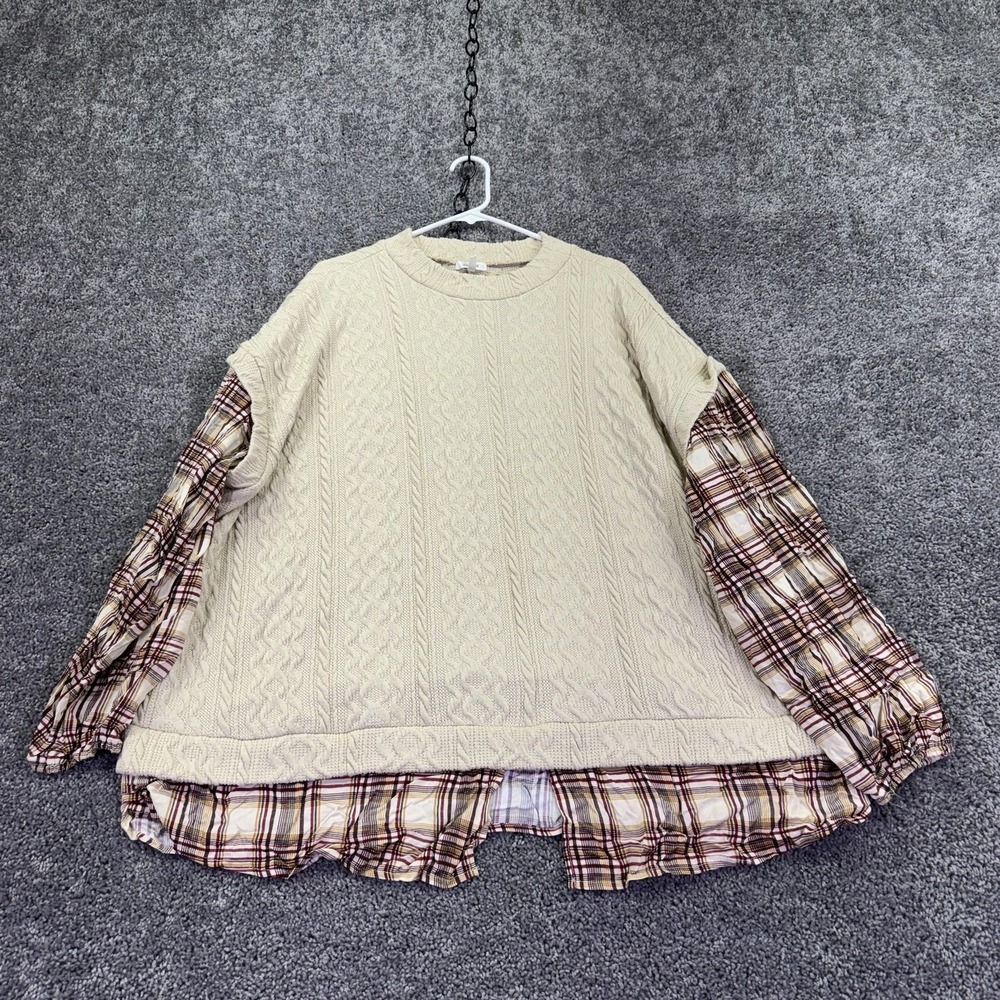 Maurices Sweater Tunic Womens 3X Beige Plaid Ruffle Hem Cable Knit Plus Casual